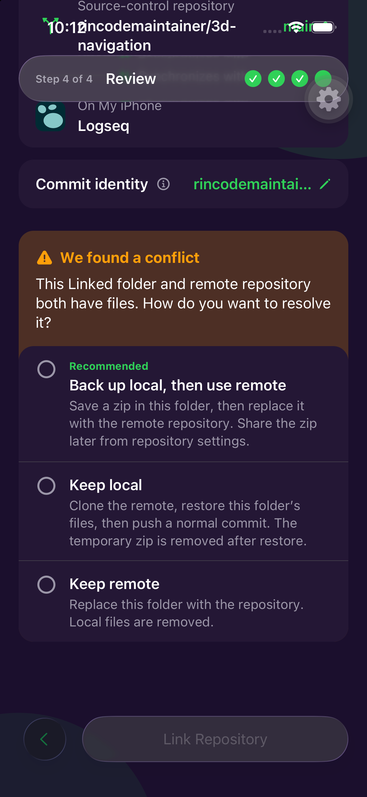 Local Git review screen presenting explicit choices for resolving conflicting local and remote repository files