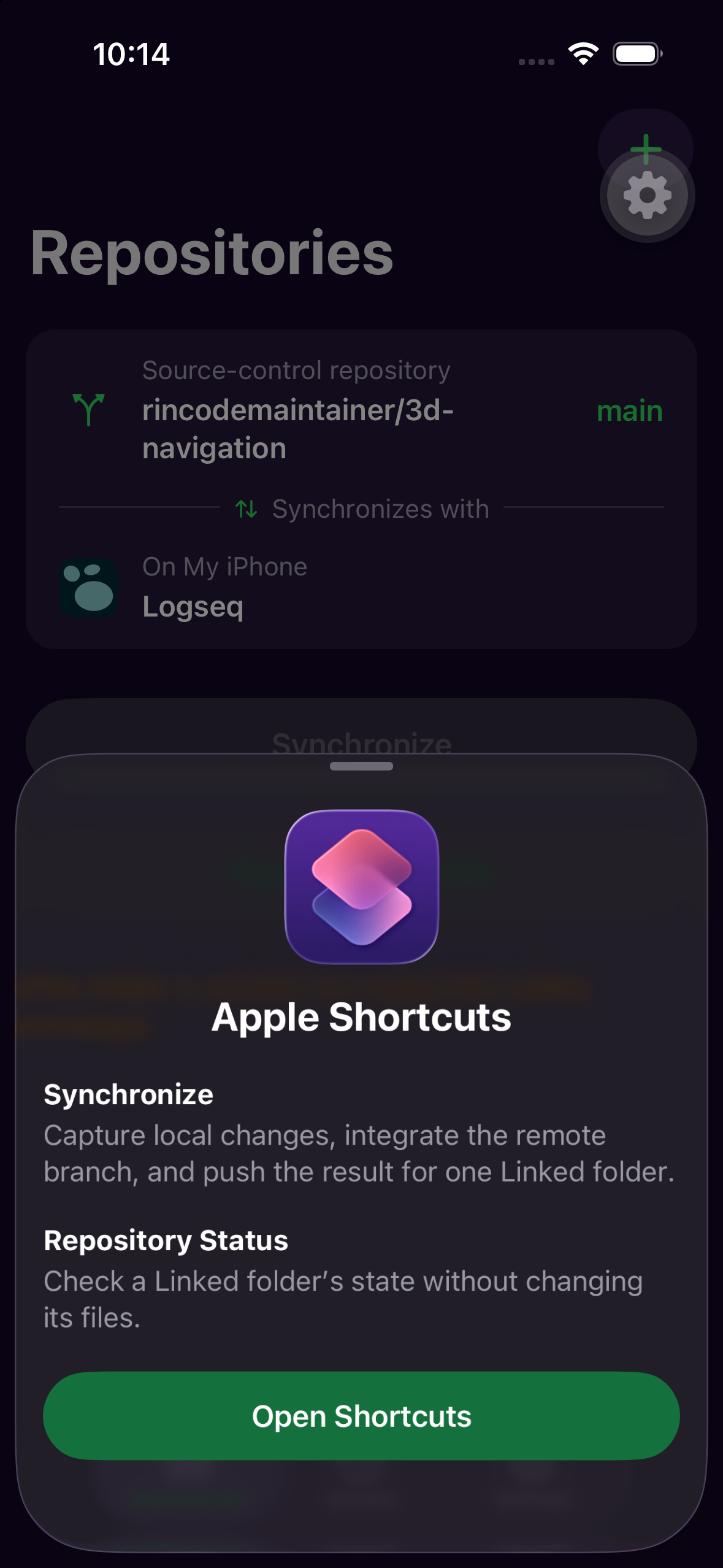 Local Git Apple Shortcuts sheet with Synchronize and Repository Status actions