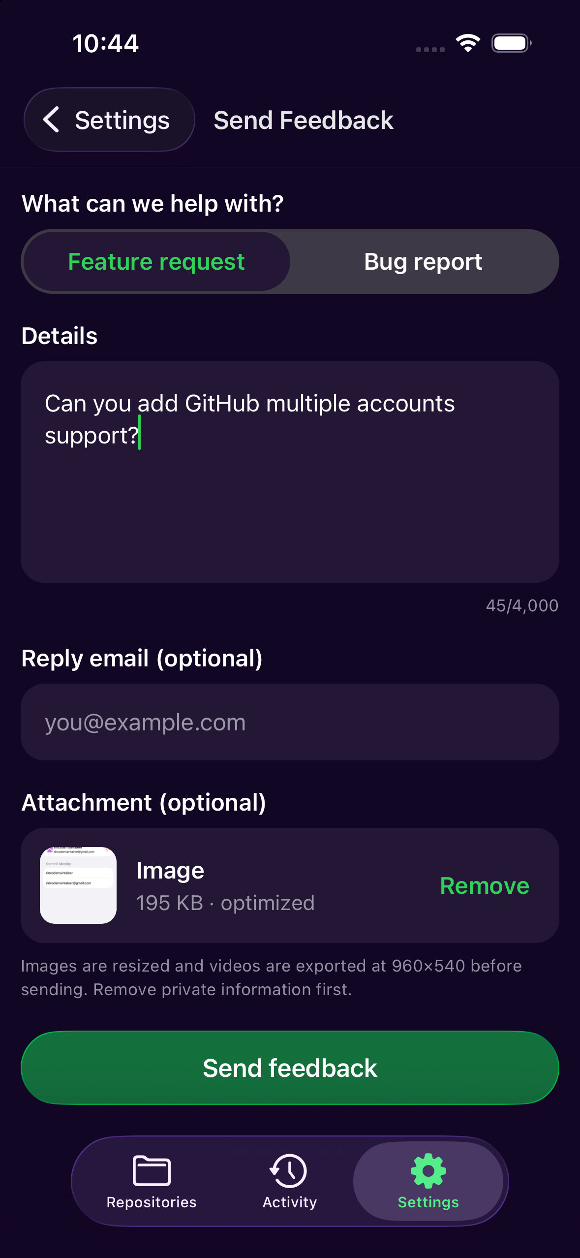 Local Git feedback form with feature request and bug report options, details, email, and attachment fields